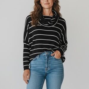 Lou & Grey Womens Black Striped Oversized Cowl Neck Long Sleeve Sweatshirt Large